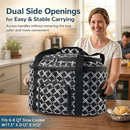 BAGSPRITE Double-layer Slow Cooker Carrying Case for Crock Pot 6-8 Quart, Insulated Crockpot Carrier with Adjustable Lid Straps,Portable Slow Cooker Travel Bag for Potluck, Parties, Family Gatherings