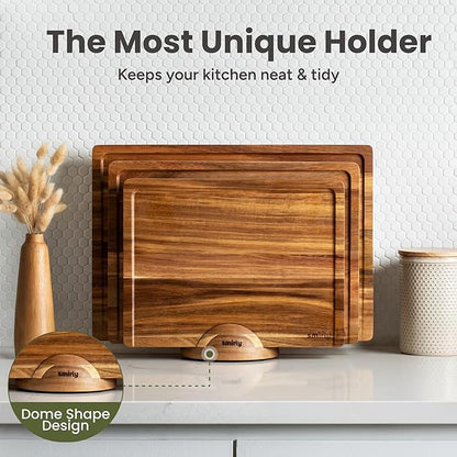 SMIRLY Acacia Wood Cutting board for Kitchen - Wood Cutting Boards for Meal Prep, Serving, Charcuterie - Kitchen Gadgets, House Warming Gifts - Wooden Chopping Board Set of 3 with Holder