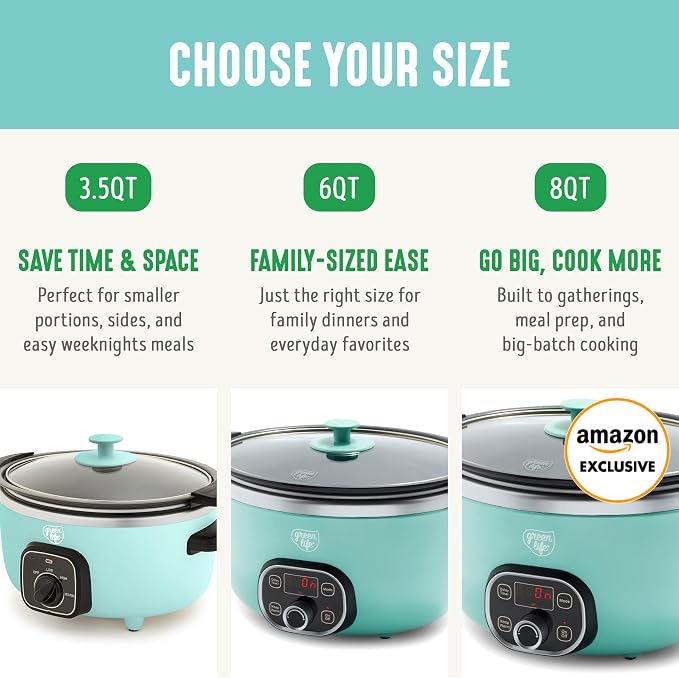 GreenLife 8QT Slow Cooker, Non-Toxic PFAS-Free Ceramic Nonstick Removable Interior Bowl, Programmable, Family Friendly, Keep Warm, Stovetop & Oven Safe, Dishwasher Safe Crock, Glass Lid, Turquoise