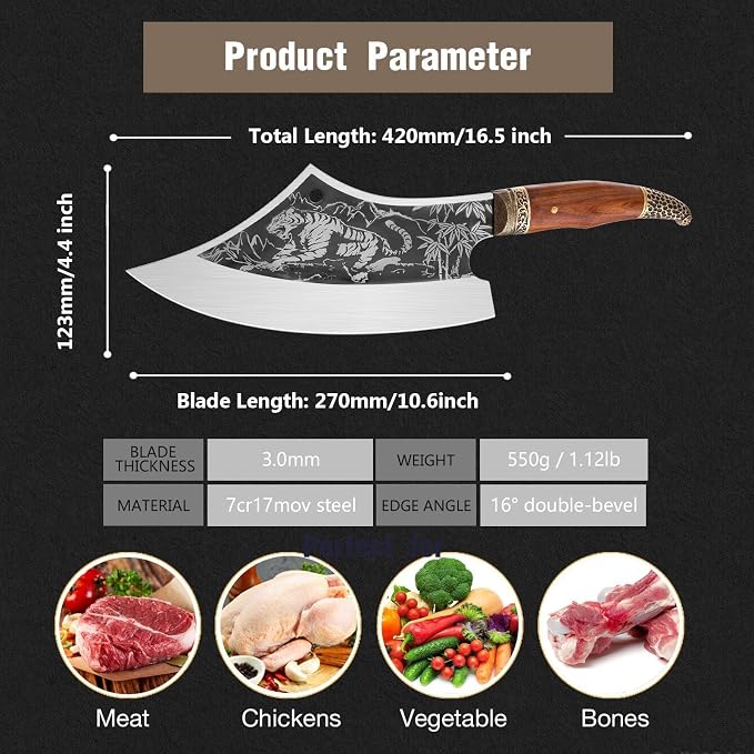 Purple Dragon Meat Cleaver Knife - Heavy Duty Butcher Knife for Meat Cutting, Stainless Steel Bone Chopper Knifes, Christmas Gifts for Men