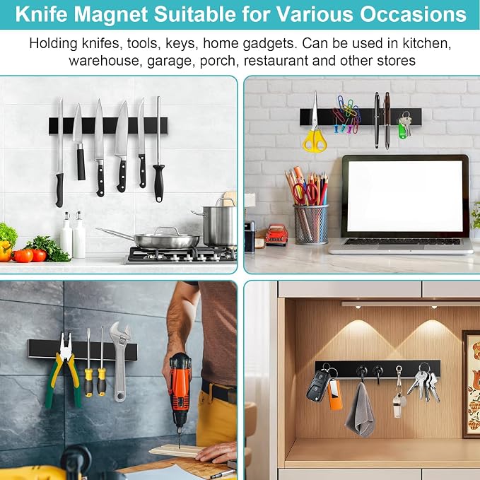 Magnetic Knife Holder for Wall with 3 Hooks, No Drilling Magnetic Knife Strip Adhesive Knife Holder Magnet Knife Bar, Wall Mount Knife Rack Block Metal Tool Holder for RV Kitchen Organization, 10 Inch