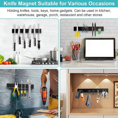 Magnetic Knife Holder for Wall with 3 Hooks, No Drilling Magnetic Knife Strip Adhesive Knife Holder Magnet Knife Bar, Wall Mount Knife Rack Block Metal Tool Holder for RV Kitchen Organization, 10 Inch