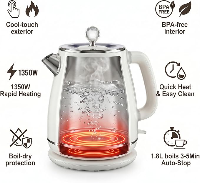 Electric Kettle - 1.8L Cordless Tea Pot, Stainless Steel Interior, Fast Boiling, Double Wall Insulation, Auto Shut-Off, White