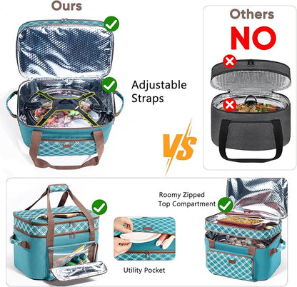 Double Layer Slow Cooker Carrier Bag – Fits 6–8 Qt Oval Slow Cooker Compatible with CrockPot & Hamilton Beach | Insulated Travel Tote with Utensil Storage & Adjustable Straps