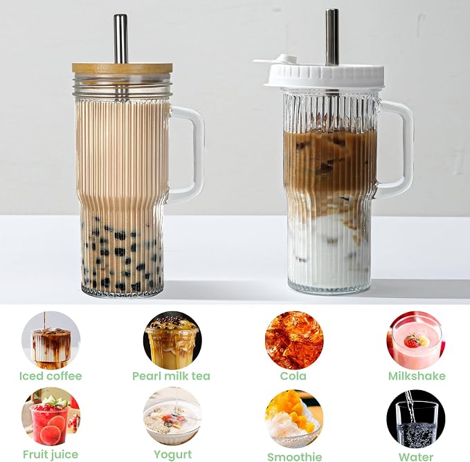 24oz Ribbed Glass Tumbler With Handle,4Pack Glass Cup with Lids and Straws,Reusable Glass Iced Coffee Cups With lids,Mason Jar Cup&Drinking Glasses for Smoothie,Shake,Juice,Soda Water,Tea,Travel Cup