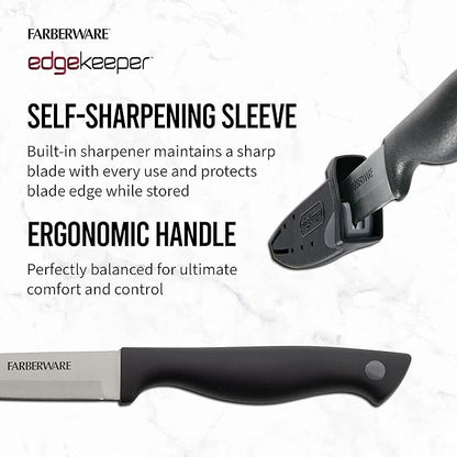 Farberware Edgekeeper 4.5-Inch Fine Edge Utility Knife with Self-Sharpening Blade Cover, High Carbon-Stainless Steel Kitchen Knife with Ergonomic Handle, Razor-Sharp Knife, Black