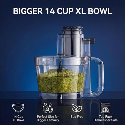 14 Cup Food Processor - XL Bowl Food Processor with Large Feed Chute, French Fry Cutter, Chop Vegetables, Slice Potatoes, Shred Cheese, Mix Dough for Family Meal Prep
