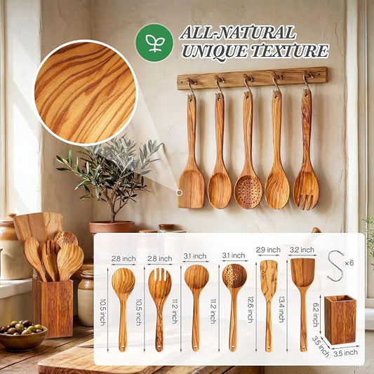 Qinyoung 10 Pack Olive Wood Cooking Utensils Olive Wood Kitchen Utensils Mixing Spatula Spoon Fork Set with Gift Box for Cooking Baking Meal, Birthday Anniversary Mother's Day Housewarming Gifts
