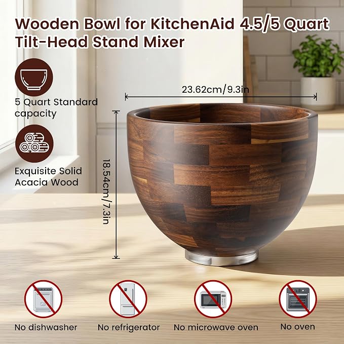 Solid Acacia Wood Mixing Bowl,Compatible with KitchenAid 4.5 & 5 Quart Tilt-Head Stand Mixers with Locking Steel Base, Warmer & Quieter Replacement Bowl for Baking & Dough, Kitchen Gift Idea