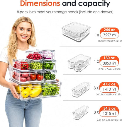 SMRCAD Fridge Organizers and Storage, 8 Pack Clear Freezer Organizer Bins with Lids for Kitchen, Pantry, Refrigerator, Food, Fruit, Vegetable Storage (8 Bins (Include Pull-out Drawer))