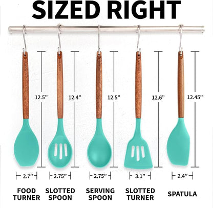 Zulay Kitchen Non-Stick Cooking Utensils Set with Authentic Acacia Wood Handles – 5-Piece Durable & Stylish Silicone Kitchen Utensils Set – Heat Resistant to 464°F – Mint