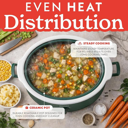 Gourmia Slow Cooker - 7 Quart Removable Ceramic Pot, Manual Controls with 3 Temperature Settings, Dishwasher Safe Crock and Glass Lid, Green