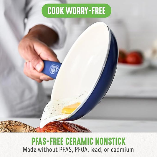 GreenLife 16 Piece Nonstick Cookware Set, Soft Grip Non-Toxic PFAS-Free Ceramic Pots & Pans, Dishwasher & Oven Safe, Frying, Sauce, Saute, Utensils, Glass Lids, Stay-Cool Handles, Wobble Free, Blue