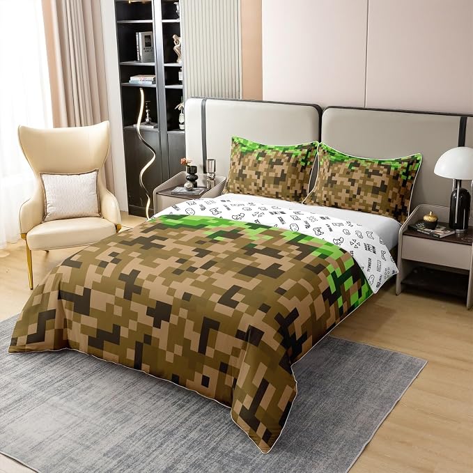 100% Nature Cotton Pixelated Style Square Grid Duvet Cover Queen Size 3 Pcs Brown Green Army Camo Bedding Set Room Decor Gifts Cartoon Gamepad Modern Comforter Cover,Comforter Not Included
