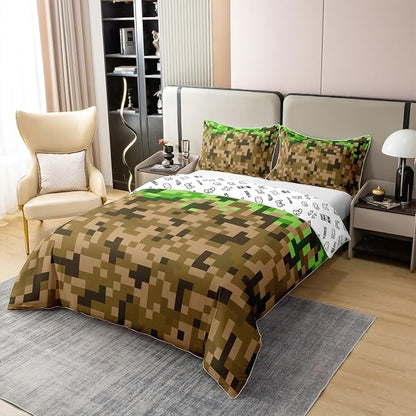 100% Nature Cotton Pixelated Style Square Grid Duvet Cover Queen Size 3 Pcs Brown Green Army Camo Bedding Set Room Decor Gifts Cartoon Gamepad Modern Comforter Cover,Comforter Not Included