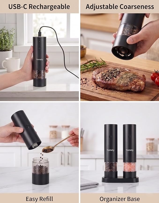 Electric Salt and Pepper Grinder Set-Rechargeable Salt and Pepper Mill Set All in One, Automatic Refillable Adjustable Coarseness Ceramic Grinder, Salt and Pepper Shakers for Kitchen Gadgets