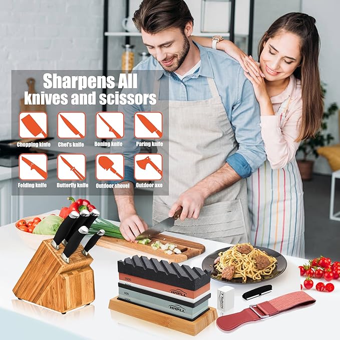 HMPLL Knife Sharpening Stone Set, Professional Whetstone 4 Side Grit 400/1000 3000/8000, Whetstone Knife Sharpener Stone Set Include Non-slip Base, Leather Strop, Flattening Stone & Angle Guide