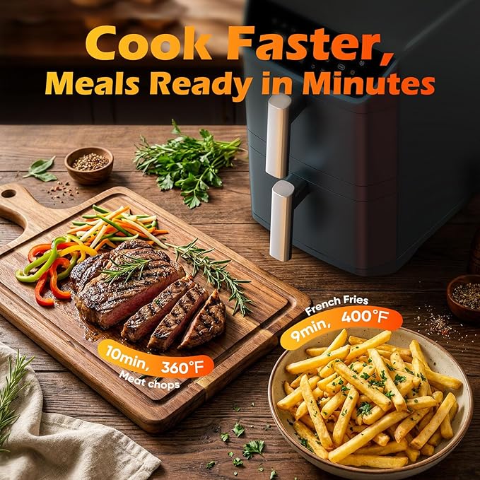 Dual Basket Air Fryer, 12.6QT Family-Size for 10–12 People, XL Basket for 6LB Whole Chicken, DoubleStack Compact Design, 10-in-1 Functions with Reheat, Dehydrate & SyncFinish, Dishwasher-Safe, Black