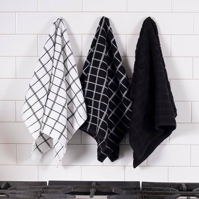 Ritz Premium 100% Cotton Terry Check Kitchen Dish Towels - Highly Absorbent, Super Soft, Long-Lasting, 25"x15", 3-Pack, Black