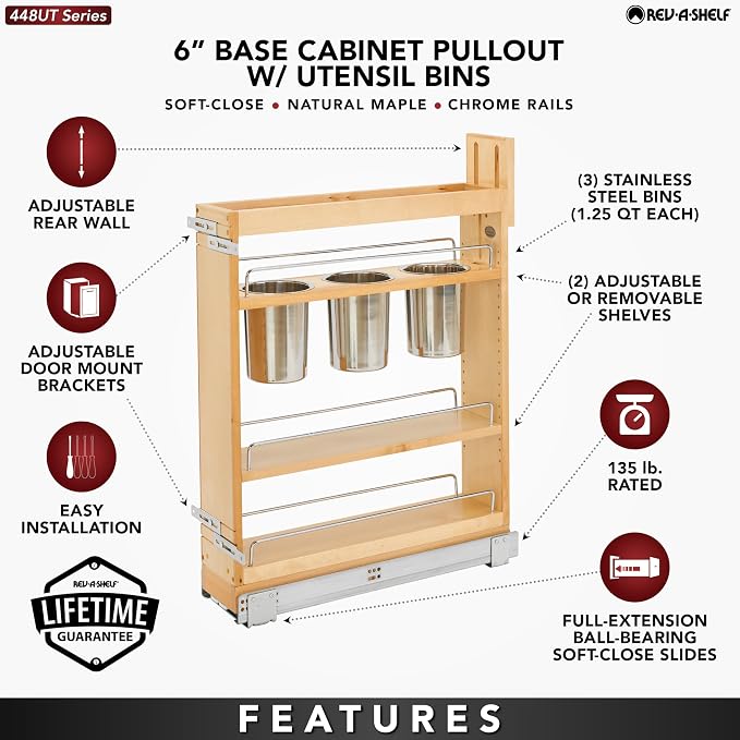 Rev-A-Shelf Maple Pullout Utensil Organizer with 3 Bins & BLUM Soft-Close Full Extension Slides, for Full-Height Base Cabinets, Adjustable Shelves, Min Opening Width of 5.5", 448UT-BCSC-5C