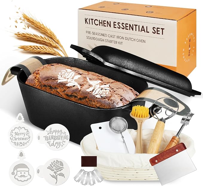 Cast Iron Sourdough Loaf Pan with Lid, Oval Dutch Oven for Bread Baking, Pre-Seasoned Sourdough Baking Supplies Kit, Cast Iron Dutch Oven for Homemade Bread, Sourdough Bread Pan