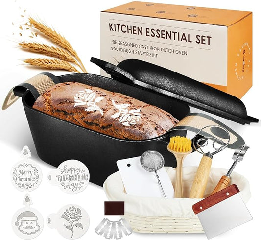 Cast Iron Sourdough Loaf Pan with Lid, Oval Dutch Oven for Bread Baking, Pre-Seasoned Sourdough Baking Supplies Kit, Cast Iron Dutch Oven for Homemade Bread, Sourdough Bread Pan