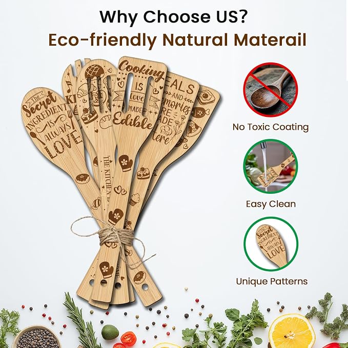 CUTHOLLOW 6PCS Funny Kitchen Wooden Kitchen Cooking Utensil Set, 11.9in Non Toxic Bamboo Wood Spoon Set for Cooking, Best Housewarming Birthday Thanksgiving Christmas Gift for Women Mother