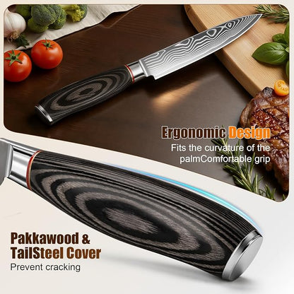 1 PCS Damascus Knife Set – 67-Layer High-Carbon Steel, Pro Chef/Slicing/Utility/Paring Knives & Cleaver, Rosewood Handle, for Home/Pro Chefs