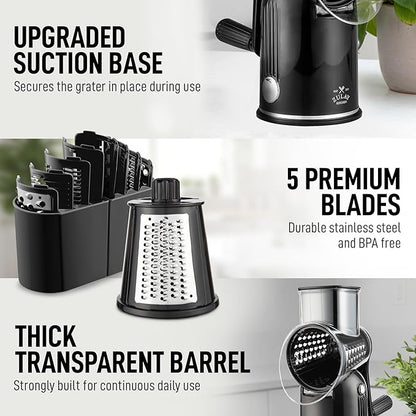 Zulay Kitchen Rotary Cheese Grater 5 Blade Cheese Shredder - Manual Hand Crank Cheese Grater With Reinforced Suction & 5 Interchangeable Drums - Easy to Use, Vegetable Chopper Round Mandoline Slicer