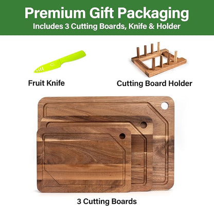 Wood Cutting Board For Kitchen, Acacia Wood Cutting Board Set of 3 with Juice Groove, Double-Sided Chopping Board Serving Board with Hanging Hole for Meat, Vegetables and Cheese