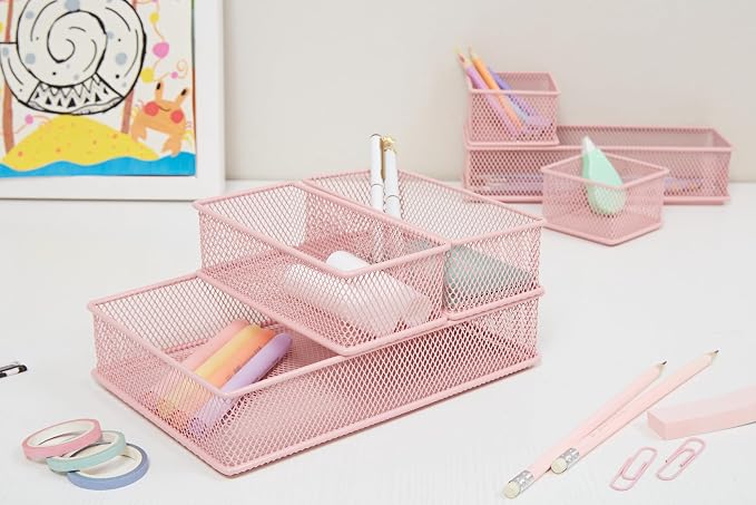 Annova Mesh Stackable Drawer Cabinet and Shelf Organizer Bins Storage Basket School Office Supply Holder Tray- Set of 2 (Light Pink, 6x15x2 Inch)