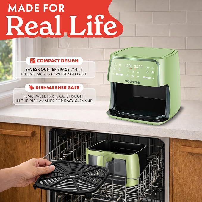 Gourmia 8 Qt Air Fryer, 8 Presets with Digital Display, FryForce 360° Technology, Easy View Window & Interior Light, Dishwasher Safe Basket, Green