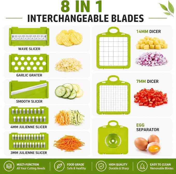 16-in-1 Vegetable Chopper with Container, 8-Blade Food Chopper, Onion Chopper, Veggie Cutter & Mandoline Slicer, BPA-Free Kitchen Gadget