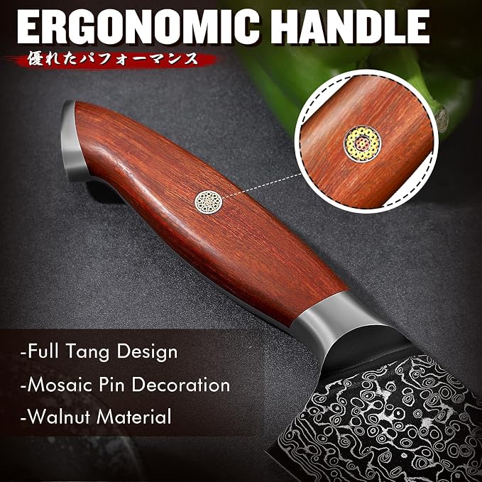 Freelander 7-Inch Nakiri Knife with VG10 Damascus Steel Core, 67-Layer Blade and Walnut Wood Handle, Full Tang Design with Mosaic Pin, Premium Kitchen Knife