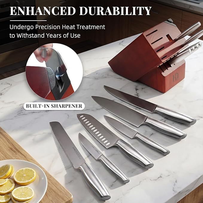 KnifeSaga Knife Set Premium, Japanese High Carbon Stainless Steel 14 Pcs Kitchen Knives Block Set with Built-in Sharpener and Wood Block, Razor Sharp Knife Sets for Kitchen with Ergonomic Handle