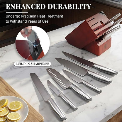 KnifeSaga Knife Set Premium, Japanese High Carbon Stainless Steel 14 Pcs Kitchen Knives Block Set with Built-in Sharpener and Wood Block, Razor Sharp Knife Sets for Kitchen with Ergonomic Handle
