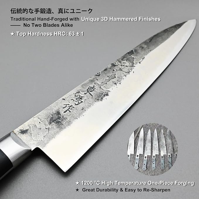 TONMA Japanese Gyuto MADE IN JAPAN 8.2" Authentic Traditional Hand Forged Chef's Knife, Razor-Sharp Durable Japanese Kitchen Knife for Gift Giving, Unique Hammer Marks, One-Piece Forging, Full Tang
