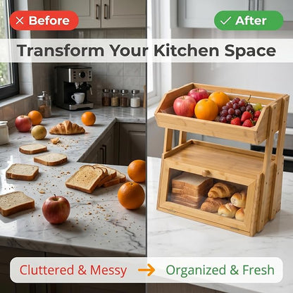 Bamboo Bread Box for Kitchen Countertop, 2 Tier Large Storage with Fruit Basket Top and Window, Farmhouse Organizer for Snacks & Vegetables