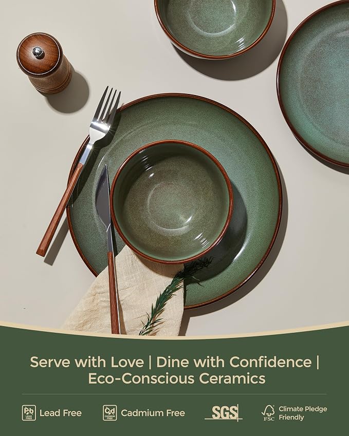 Pokini Stoneware Dinnerware Sets Service for 12, 36 pcs Reactive Glaze Plates and Bowls Sets, Handmade Ceramic Dish Set, Highly Chip and Crack Resistant Modern Plate Set, Brown Green