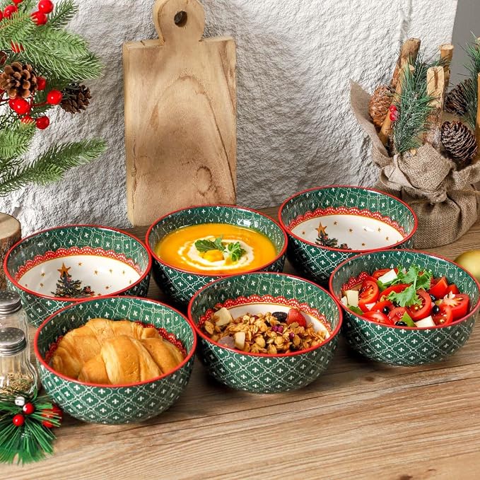 glowworm Cereal Bowls, 26 Oz Soup Bowls Set of 6, Deep Bowls Set for Rice, Oatmeal, Dessert, Dishwasher & Microwave Safe, Green Tree