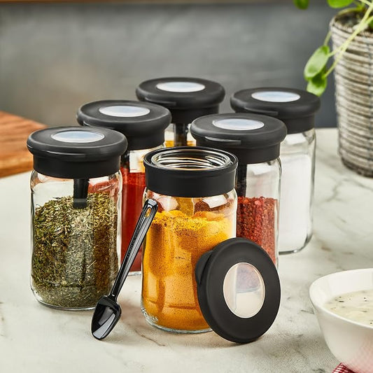 6-Piece Glass Spice Jar Set with Airtight Lids and Spoons – 380ml (12.8oz) Clear Storage Jars with Transparent Lid Window, Perfect for Storing Spices, Herbs, and Seasonings – Black