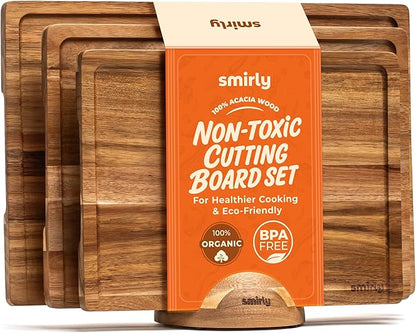 SMIRLY Acacia Wood Cutting board for Kitchen - Wood Cutting Boards for Meal Prep, Serving, Charcuterie - Kitchen Gadgets, House Warming Gifts - Wooden Chopping Board Set of 3 with Holder
