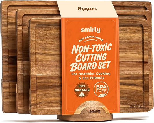 SMIRLY Acacia Wood Cutting board for Kitchen - Wood Cutting Boards for Meal Prep, Serving, Charcuterie - Kitchen Gadgets, House Warming Gifts - Wooden Chopping Board Set of 3 with Holder