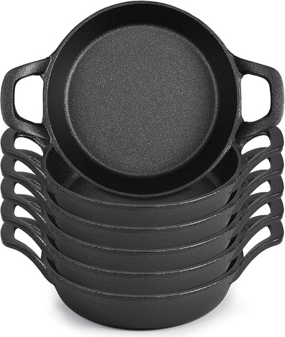 Ziliny Mini Cast Iron Skillets 6.3 x 6.3 x 1.5 Inch Cast Iron Pan Small Ramekin Set Black Casserole Dish Cookware Oven Safe Mini Skillets for Kitchen Indoor Outdoor Picnic (6 Pack)