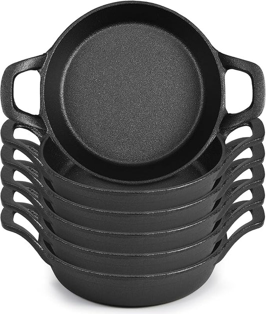 Ziliny Mini Cast Iron Skillets 6.3 x 6.3 x 1.5 Inch Cast Iron Pan Small Ramekin Set Black Casserole Dish Cookware Oven Safe Mini Skillets for Kitchen Indoor Outdoor Picnic (6 Pack)