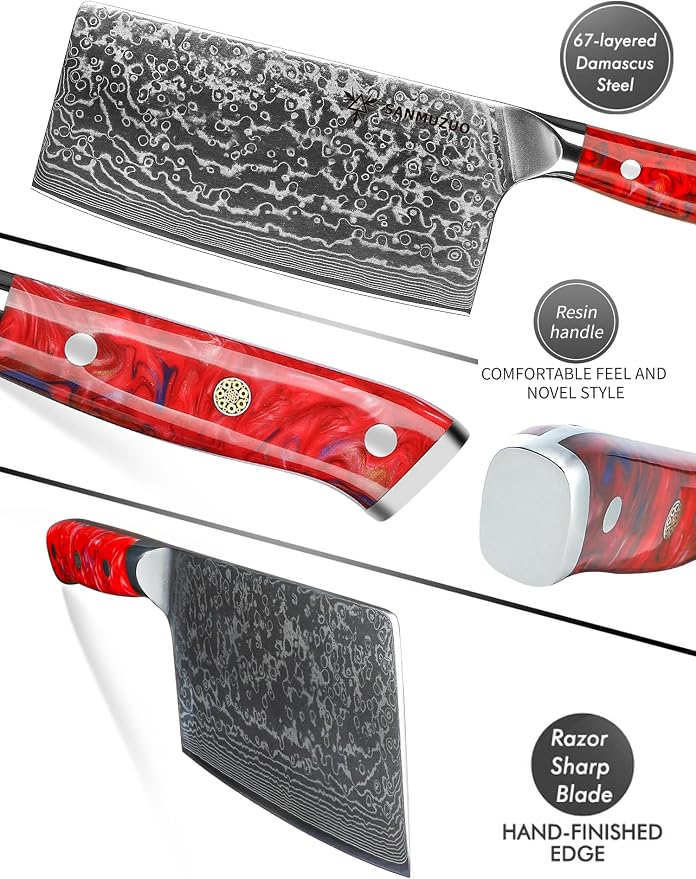 Chinese Chef Knife - 7" Cleaver Knife- Xuan Series - VG10 Damascus Steel Kitchen Knife - Resin Handle (Sunset Red)