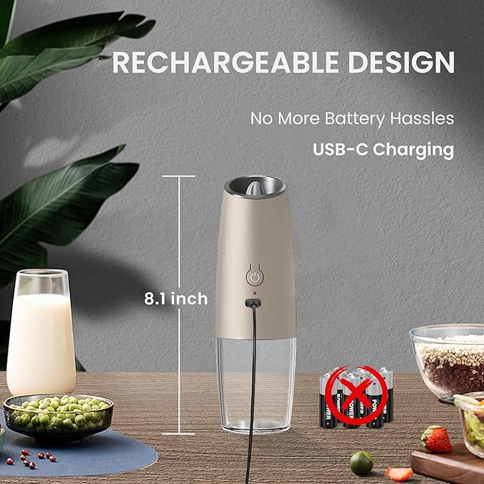 Rechargeable Salt And Pepper Grinder Set with LED Light, Automatic Electric Gravity Salt And Pepper Shakers Set, No Battery Needed, Adjustable Roughness, 2 Pack (Khaki)