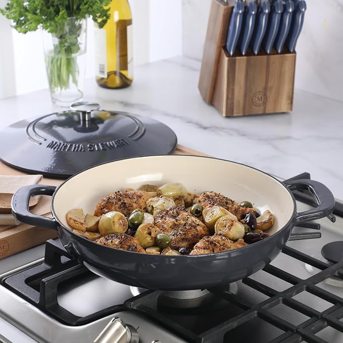 Martha Stewart Gatwick Enameled Cast Iron Braiser with Lid, 3.5-Quart Braiser Pan for Stovetop & Oven, Cast Iron Braising Pan, Grey
