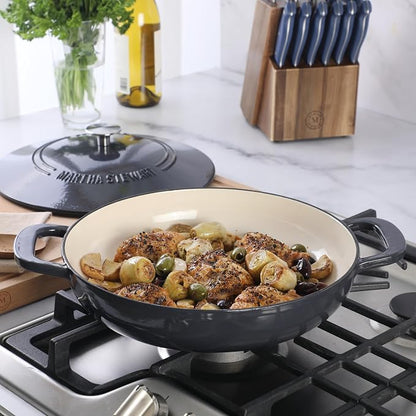 Martha Stewart Gatwick Enameled Cast Iron Braiser with Lid, 3.5-Quart Braiser Pan for Stovetop & Oven, Cast Iron Braising Pan, Grey