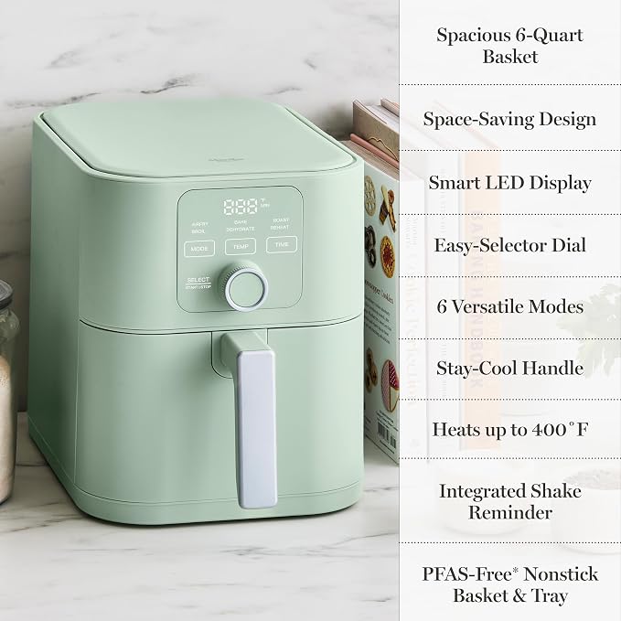 Martha Stewart 6QT Air Fryer, 6-in-1, Bake, Broil, Roast, Air Fry, Dehydrate, Reheat, Ceramic Non-Stick Basket, Crispy Results Fast, 400°F Max Temp, Shake Reminder, Honeydew Green